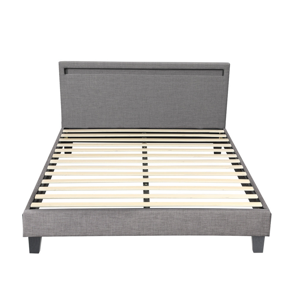 Bed Frame RGB LED Queen Size Mattress Base Platform Wooden Grey Fabric