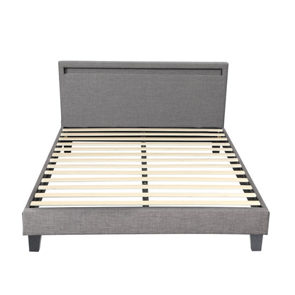 Bed Frame RGB LED Queen Size Mattress Base Platform Wooden Grey Fabric