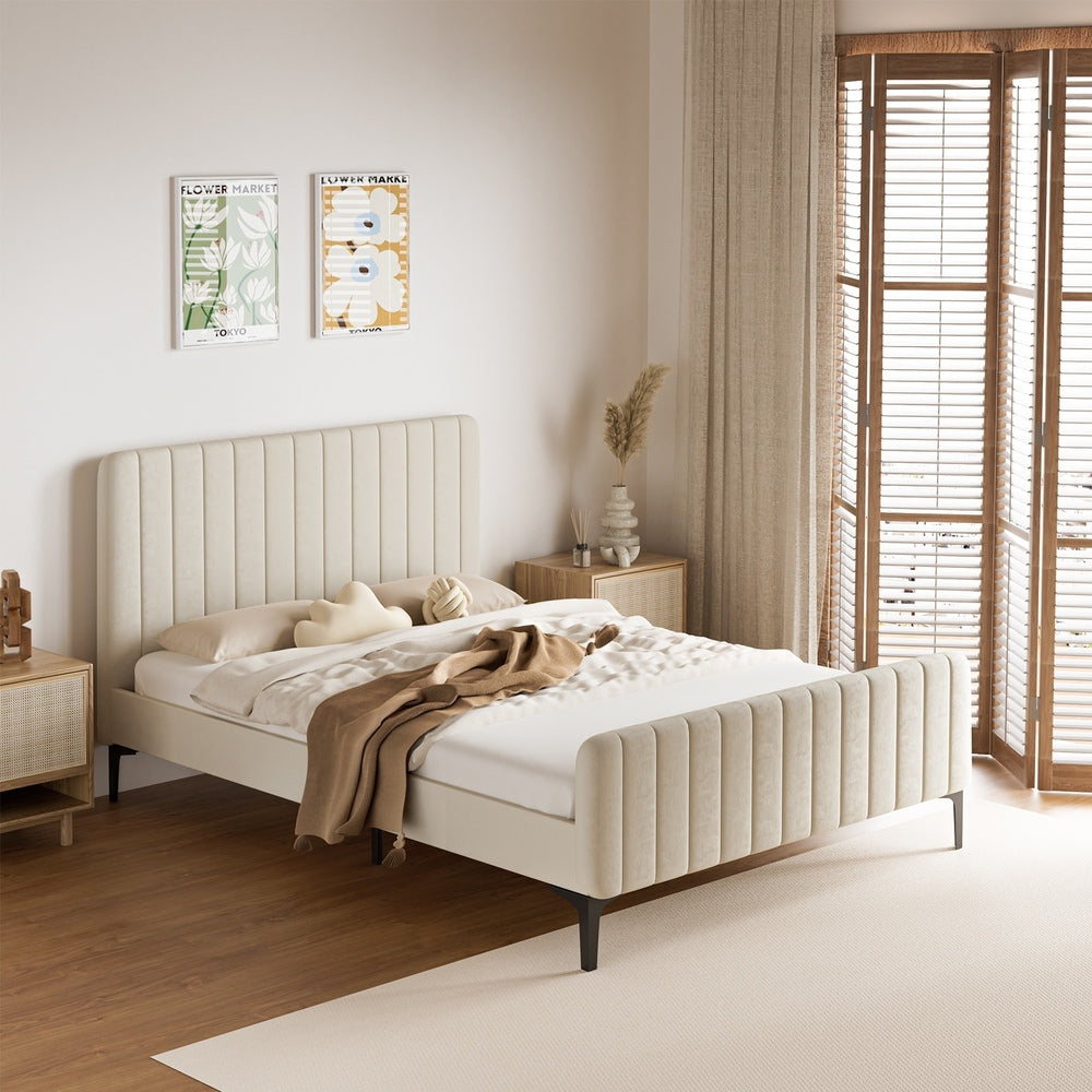 Bed Frame Beds Platform Velvet Fabric Grey/Beige
