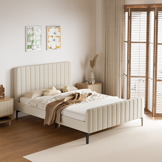 Bed Frame Beds Platform Velvet Fabric Grey/Beige