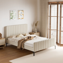Bed Frame Beds Platform Velvet Fabric Grey/Beige