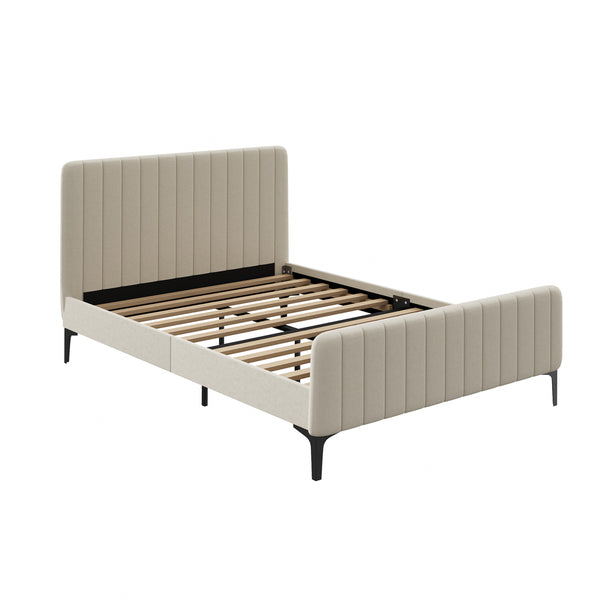  Bed Frame Beds Platform Velvet Fabric Grey/Beige