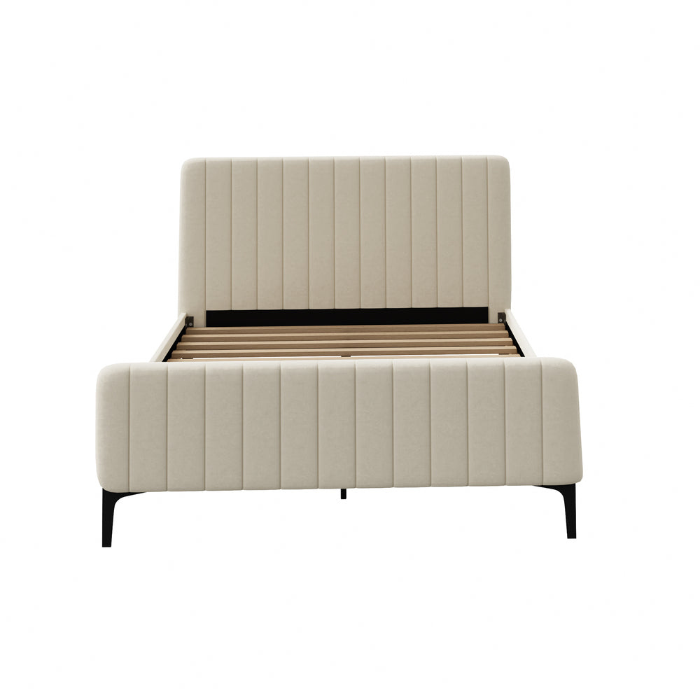 Bed Frame Beds Platform Velvet Fabric Grey/Beige