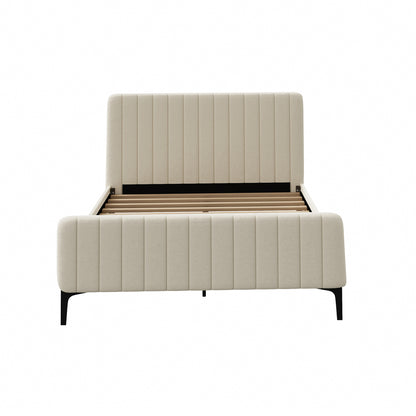 Bed Frame Beds Platform Velvet Fabric Grey/Beige
