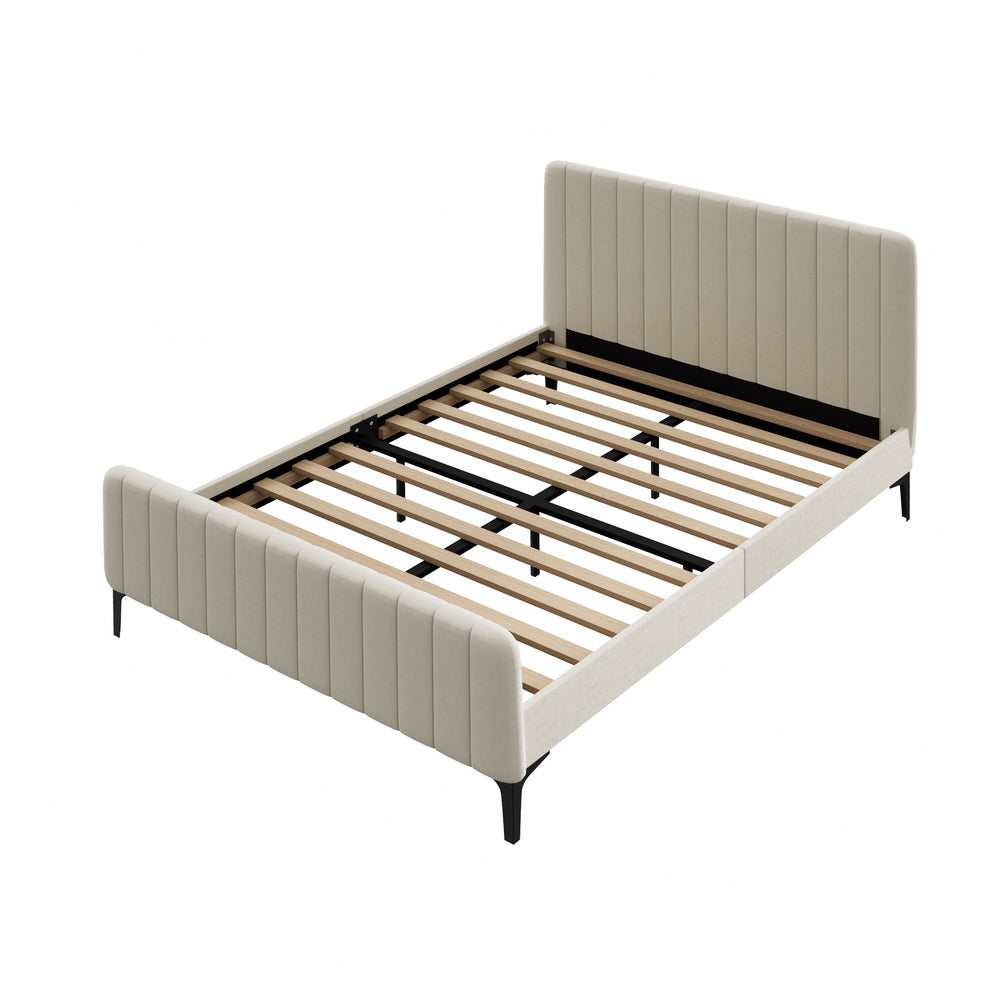 Bed Frame Beds Platform Velvet Fabric Grey/Beige