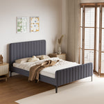 Bed Frame Beds Platform Velvet Fabric Grey/Beige