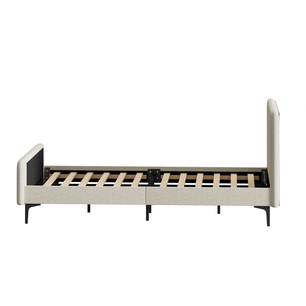 Bed Frame Beds Platform Velvet Fabric Grey/Beige
