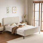 Bed Frame Beds Platform Velvet Fabric Grey/Beige