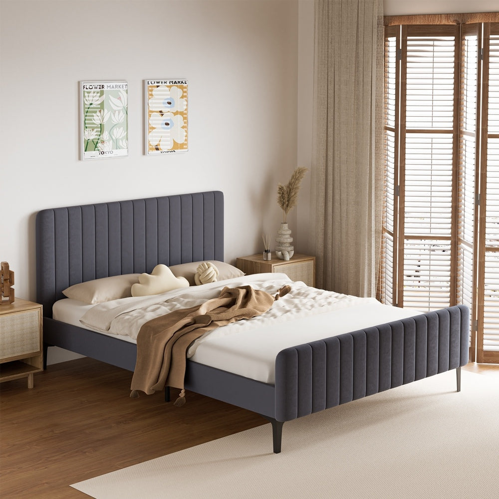 Bed Frame Beds Platform Velvet Fabric Grey/Beige