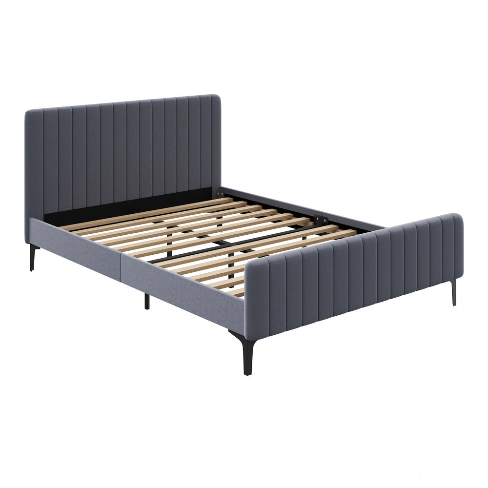 Bed Frame Beds Platform Velvet Fabric Grey/Beige