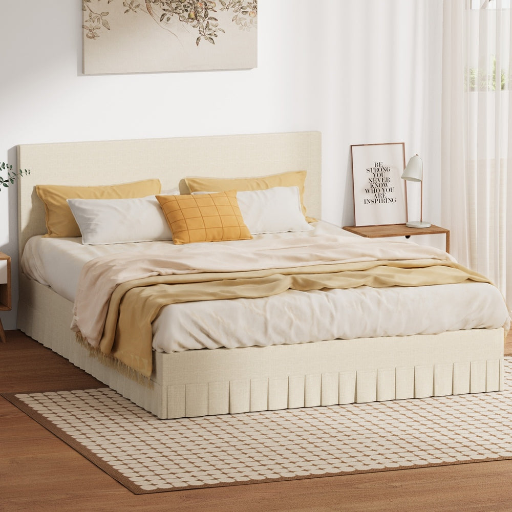 Queen Bed Frame Upholstered Headboard Beige | HomeAndLiving