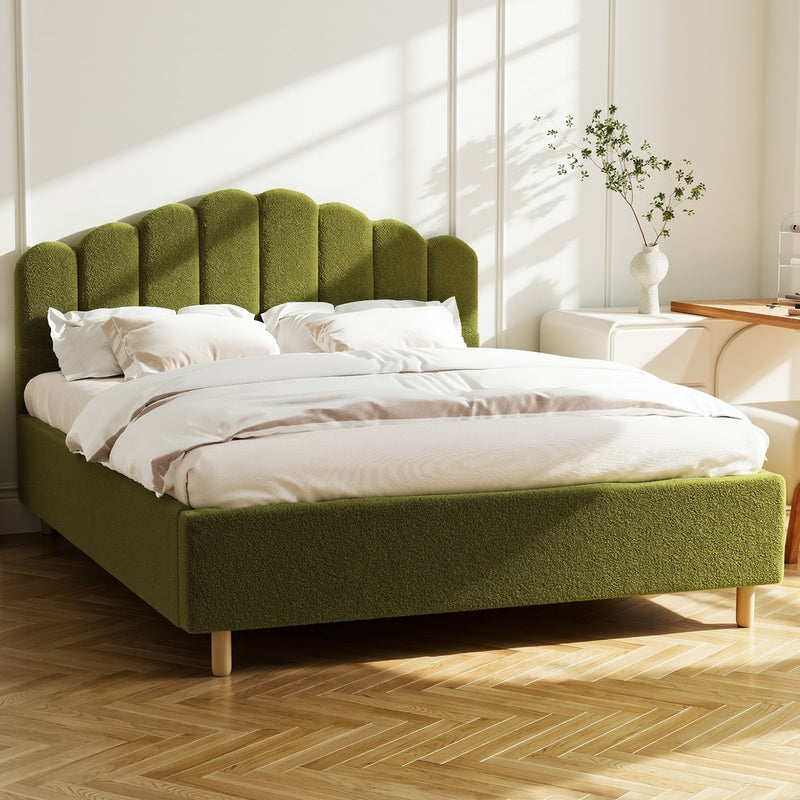 Queen Bed Frame Boucle Green Headboard | HomeAndLiving