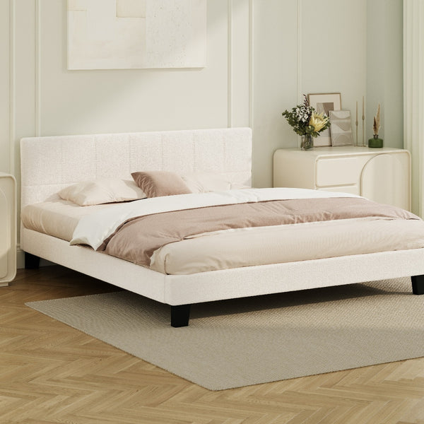  Bed Frame Double/Queen/Single/King Size Base White Boucle TOFU