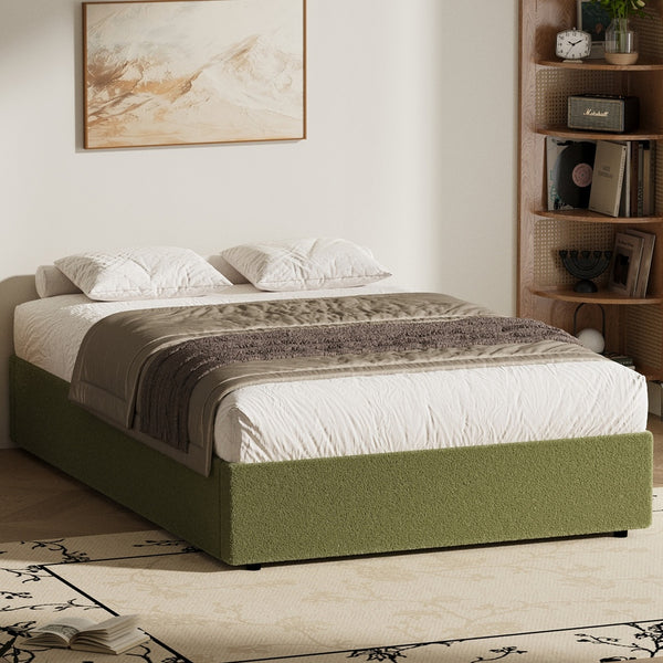 King Single Gas Lift Bed Boucle Green Storage | HomeAndLivin