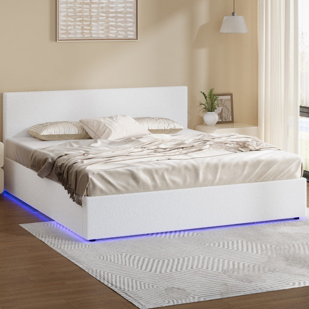 King Size Gas Lift Bed Boucle LED Storage | HomeAndLiving
