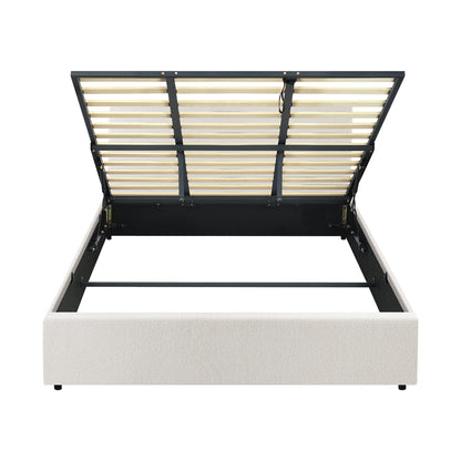 Queen/King/Single/Double Bed Frame Gas Lift Storage Base White Boucle