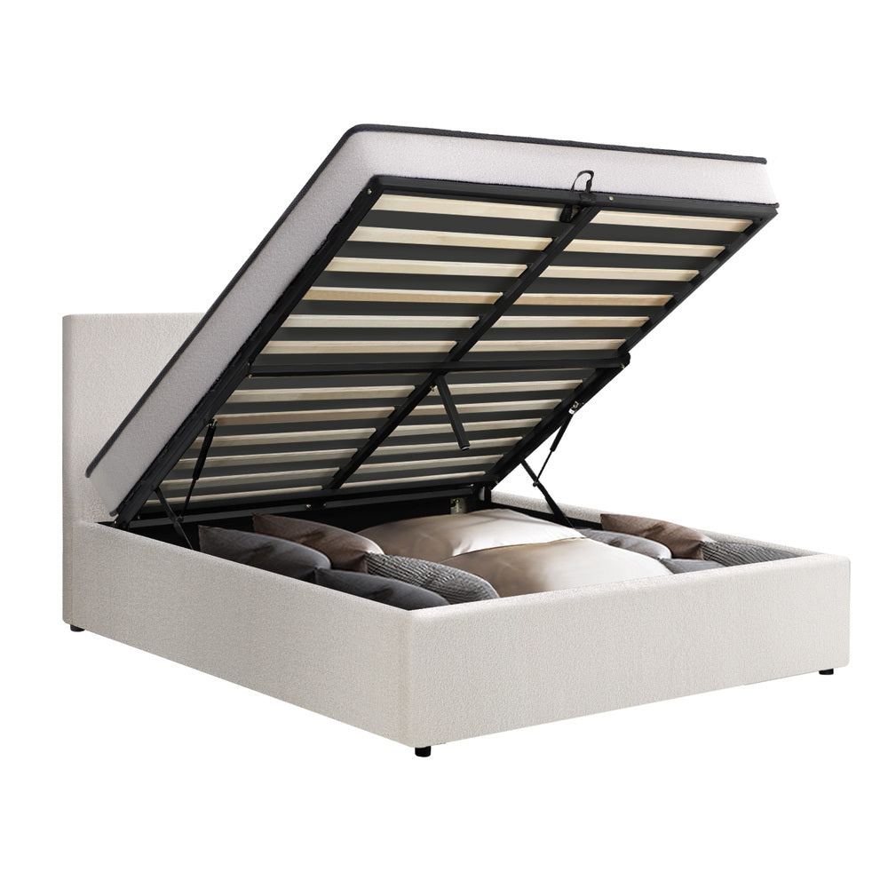 Bed Frame Queen Size Gas Lift Boucle Beds With Mattress Set