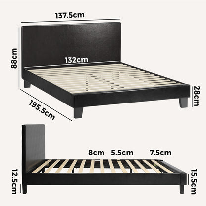 Bed Frame Double Size Base Mattress Platform Leather Wooden Slats Black