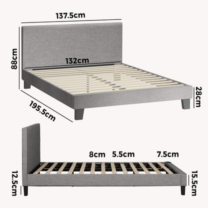 Bed Frame Double Size Mattress Base Platform Wooden Slats Grey Fabric
