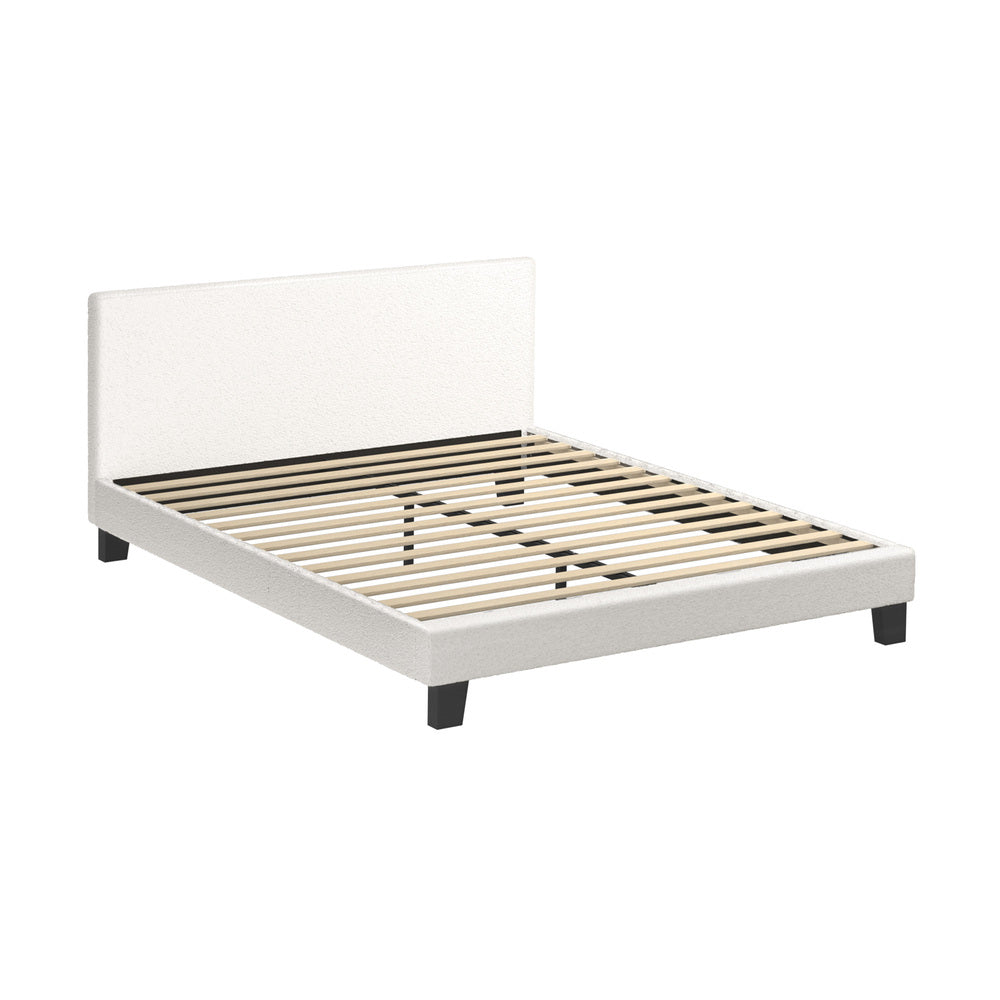 Double Bed Frame with Wooden Slats and Boucle Fabric Bed Base Mattress Platfrom White