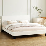 King Bed Frame with Wooden Slats and Boucle Fabric Bed Base Mattress Platfrom White