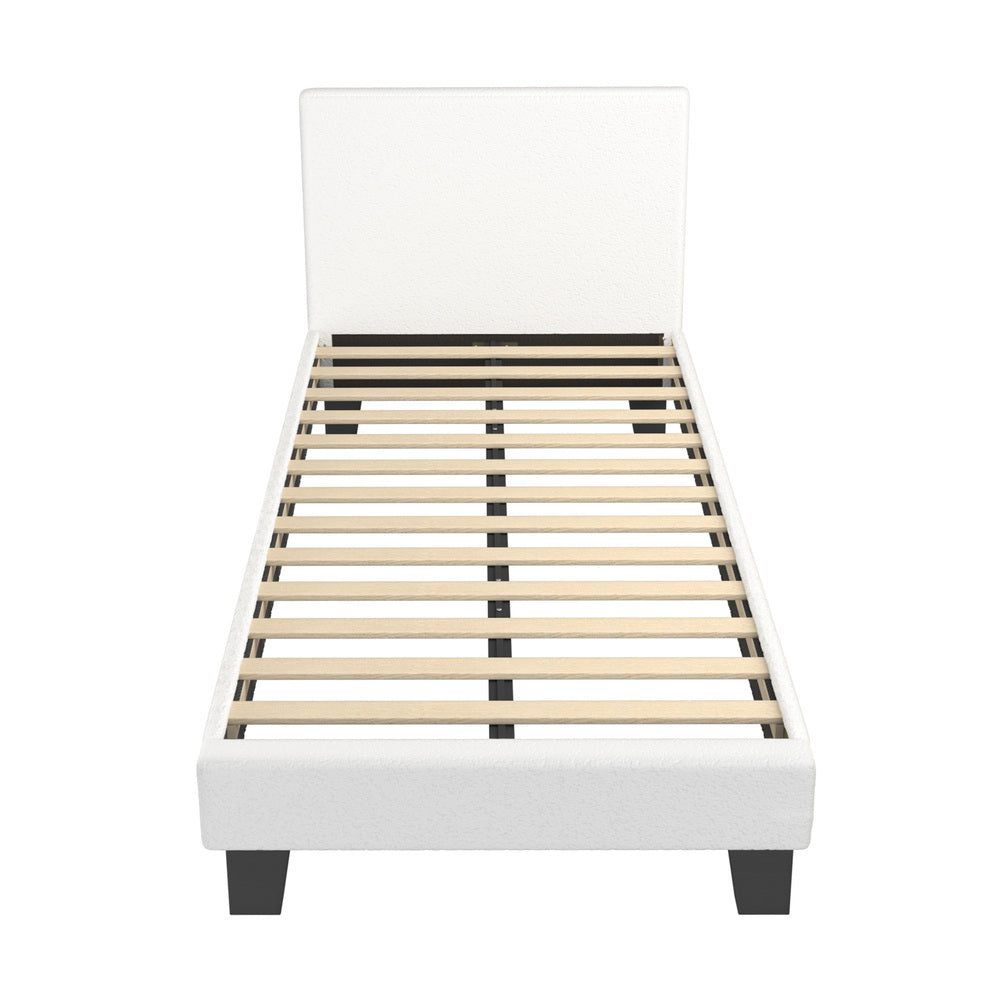 King Single Bed Frame with Wooden Slats and Boucle Fabric Bed Base Mattress Platfrom White