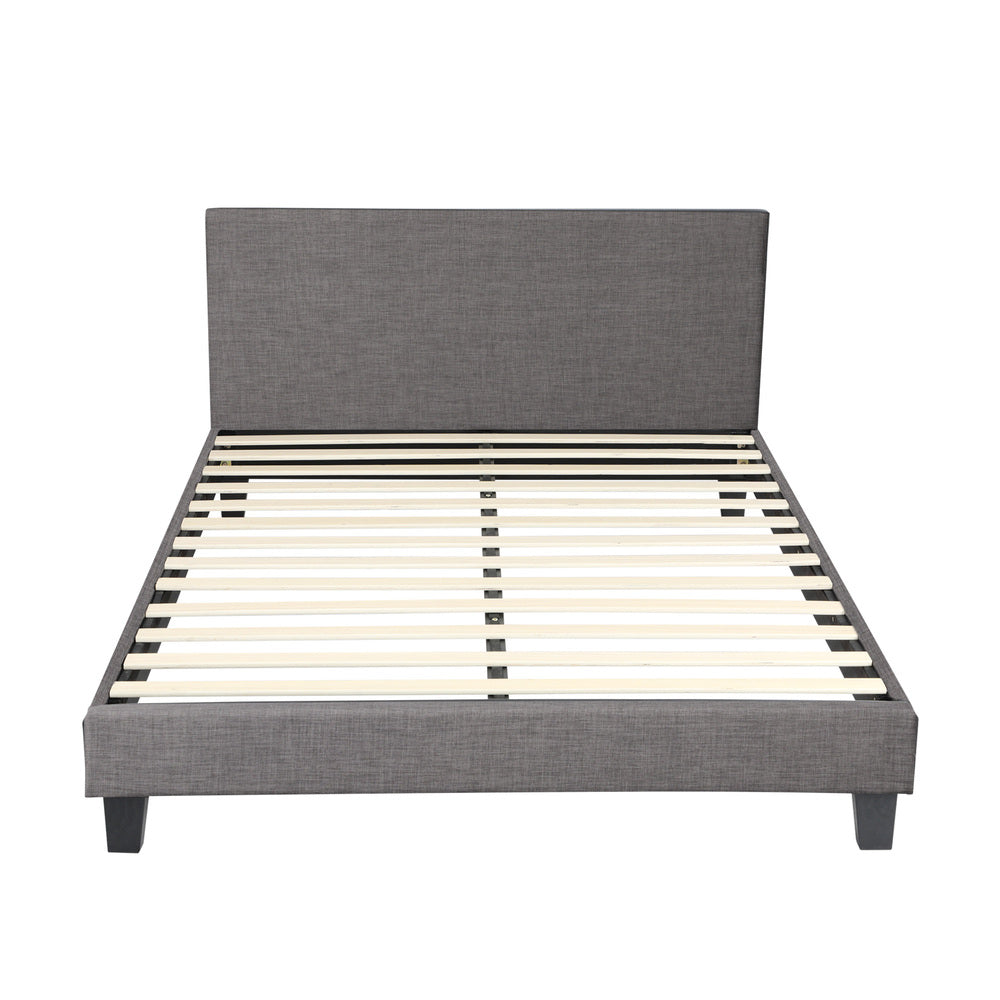Bed Frame Queen Size Mattress Base Platform Wooden Slats Grey Fabric