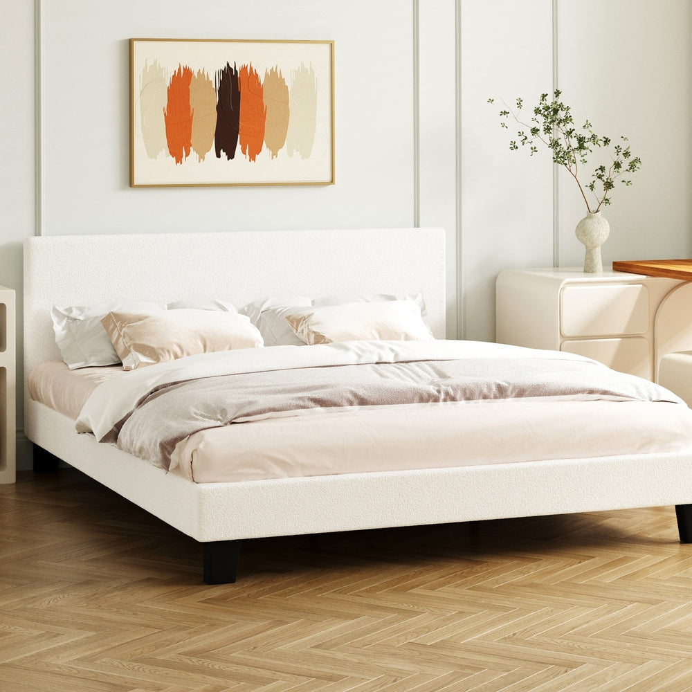 Queen Bed Frame with Wooden Slats and Boucle Fabric Bed Base Mattress Platfrom White