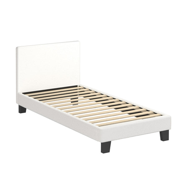  Single Bed Frame with Wooden Slats and Boucle Fabric Bed Base Mattress Platfrom White