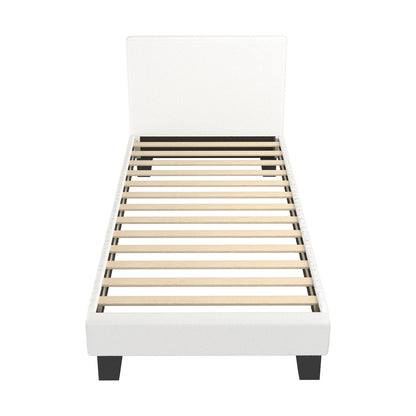 Single Bed Frame with Wooden Slats and Boucle Fabric Bed Base Mattress Platfrom White