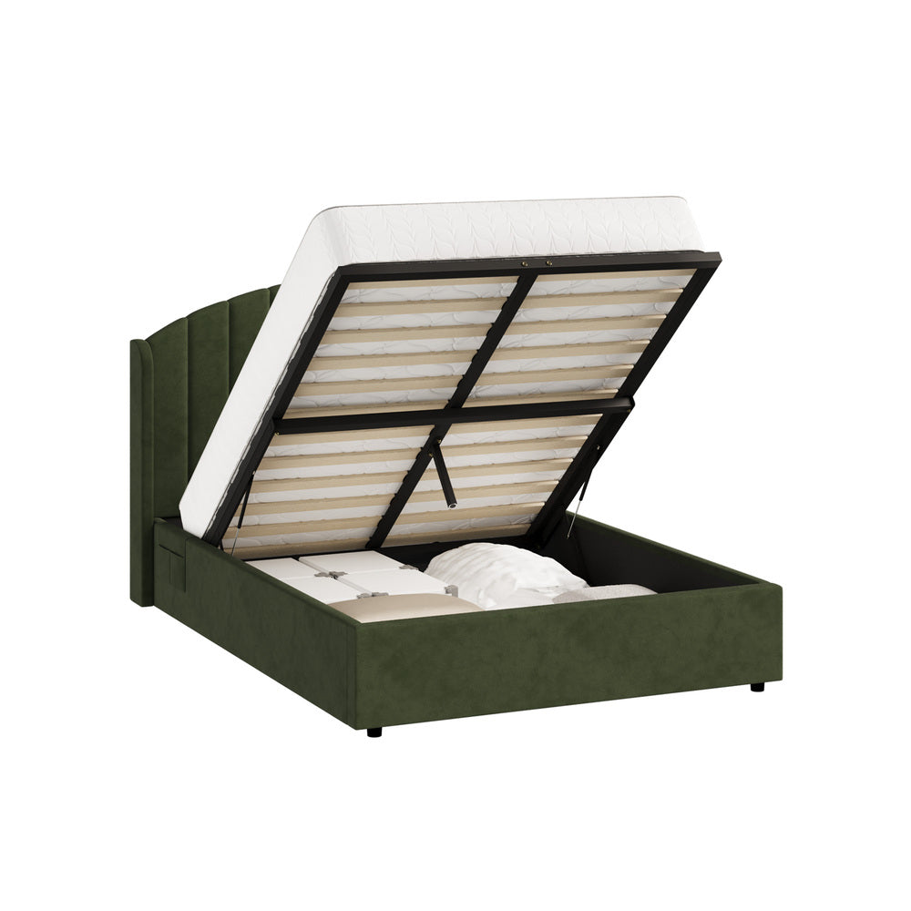 Bed Frame Double With Gas Lift Storage USB Charging Velvet