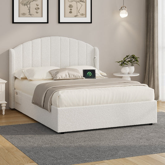 Bed Frame Double With Gas Lift Storage USB Charging Boucle