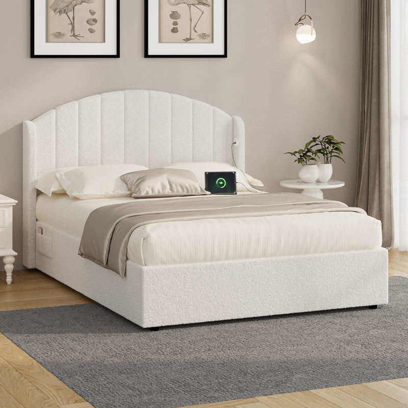 Bed Frame Double With Gas Lift Storage USB Charging Boucle