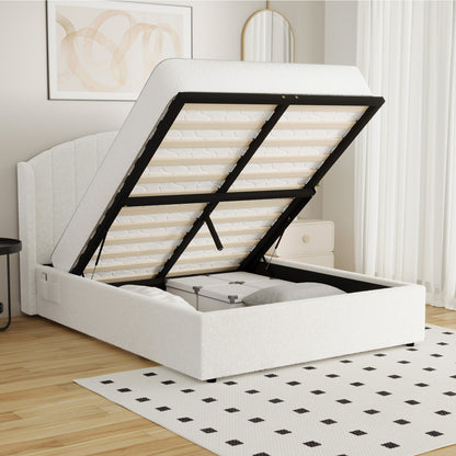 Bed Frame Double With Gas Lift Storage USB Charging Boucle