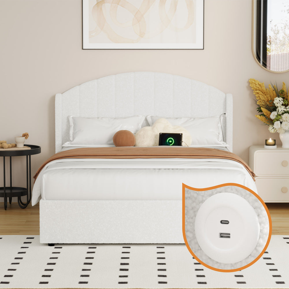 Bed Frame Double With Gas Lift Storage USB Charging Boucle