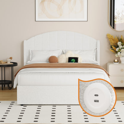 Bed Frame Double With Gas Lift Storage USB Charging Boucle