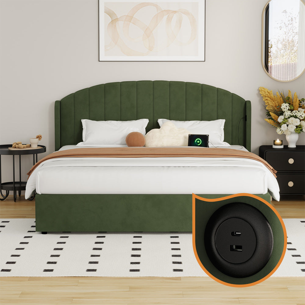 Bed Frame King Size With Gas Lift Storage USB Charging Velvet