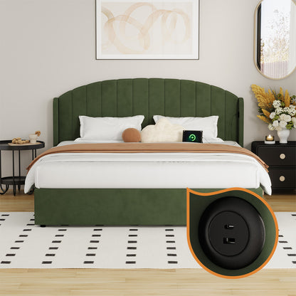 Bed Frame King Size With Gas Lift Storage USB Charging Velvet