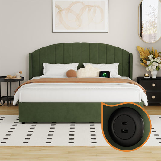 Bed Frame King Size With Gas Lift Storage USB Charging Velvet