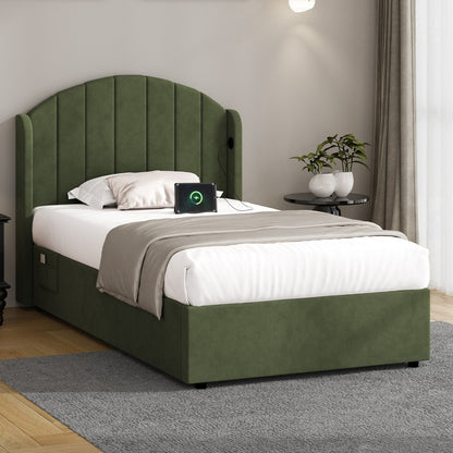 Bed Frame King Single Gas Lift Storage USB Charging Velvet