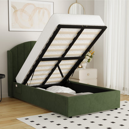 Bed Frame King Single Gas Lift Storage USB Charging Velvet