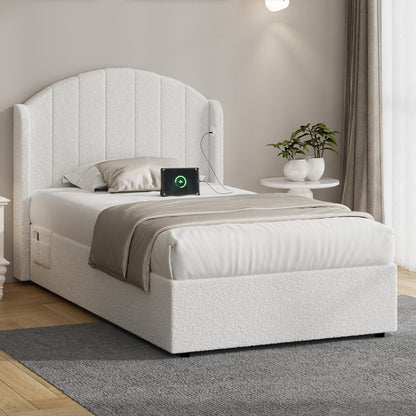 Bed Frame King Single Gas Lift Storage USB Charging Boucle