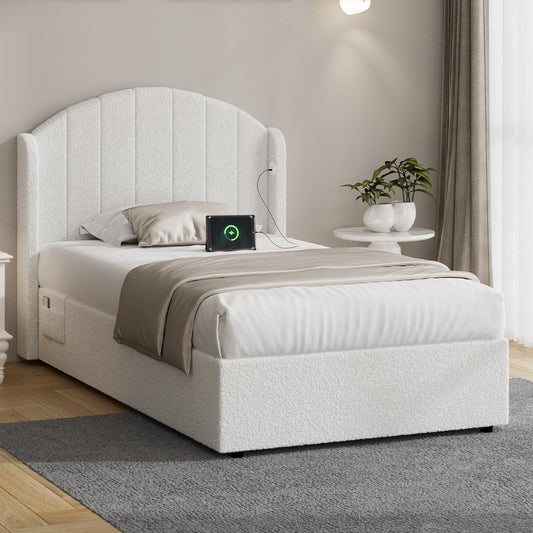 Bed Frame King Single Gas Lift Storage USB Charging Boucle