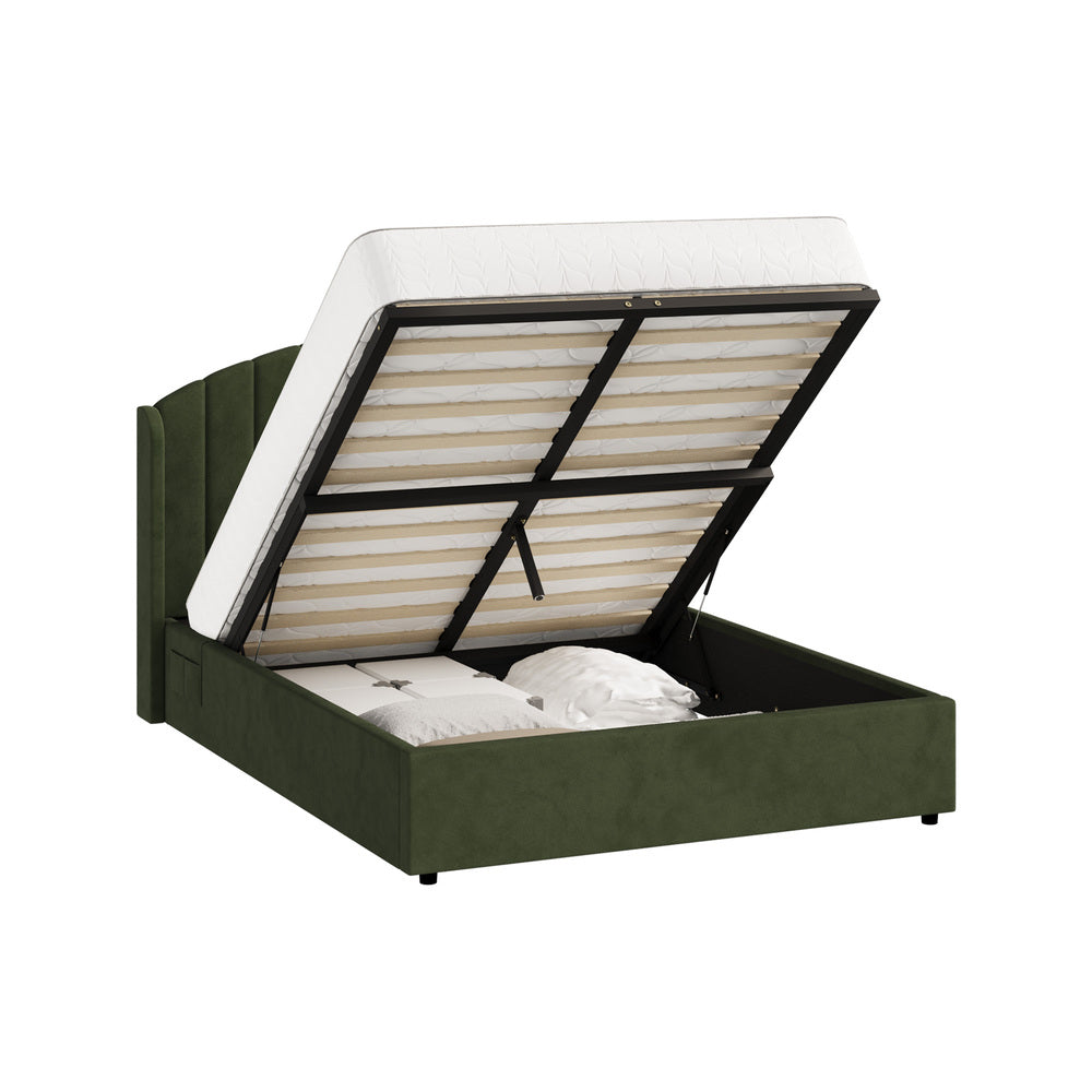 Bed Frame Queen With Gas Lift Storage USB Charging Velvet