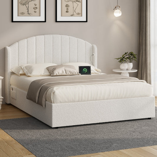 Queen Gas Lift Storage Bed Boucle USB Charging | HomeAndLivi