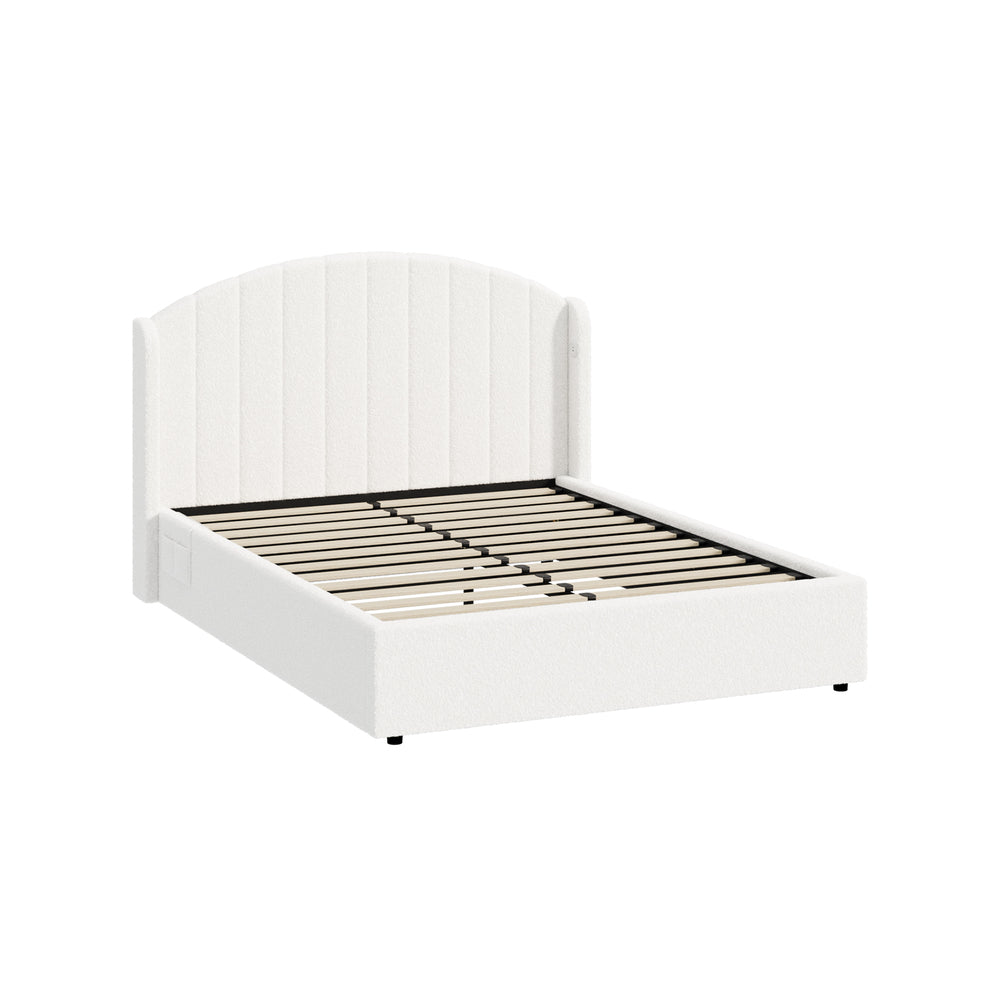 Queen Gas Lift Storage Bed Boucle USB Charging | HomeAndLivi