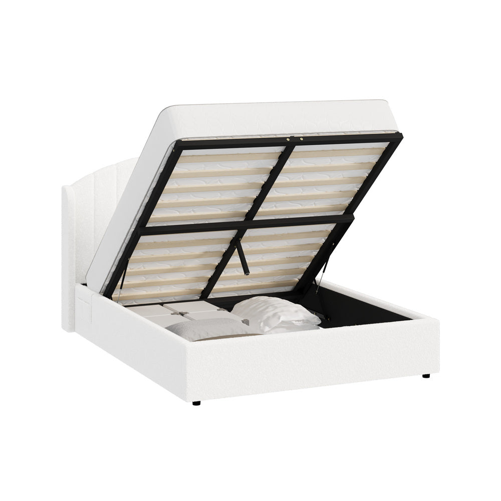 Queen Gas Lift Storage Bed Boucle USB Charging | HomeAndLivi