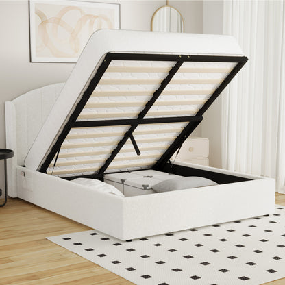 Queen Gas Lift Storage Bed Boucle USB Charging | HomeAndLivi