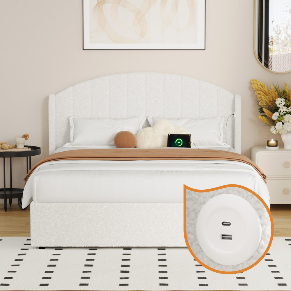 Queen Gas Lift Storage Bed Boucle USB Charging | HomeAndLivi