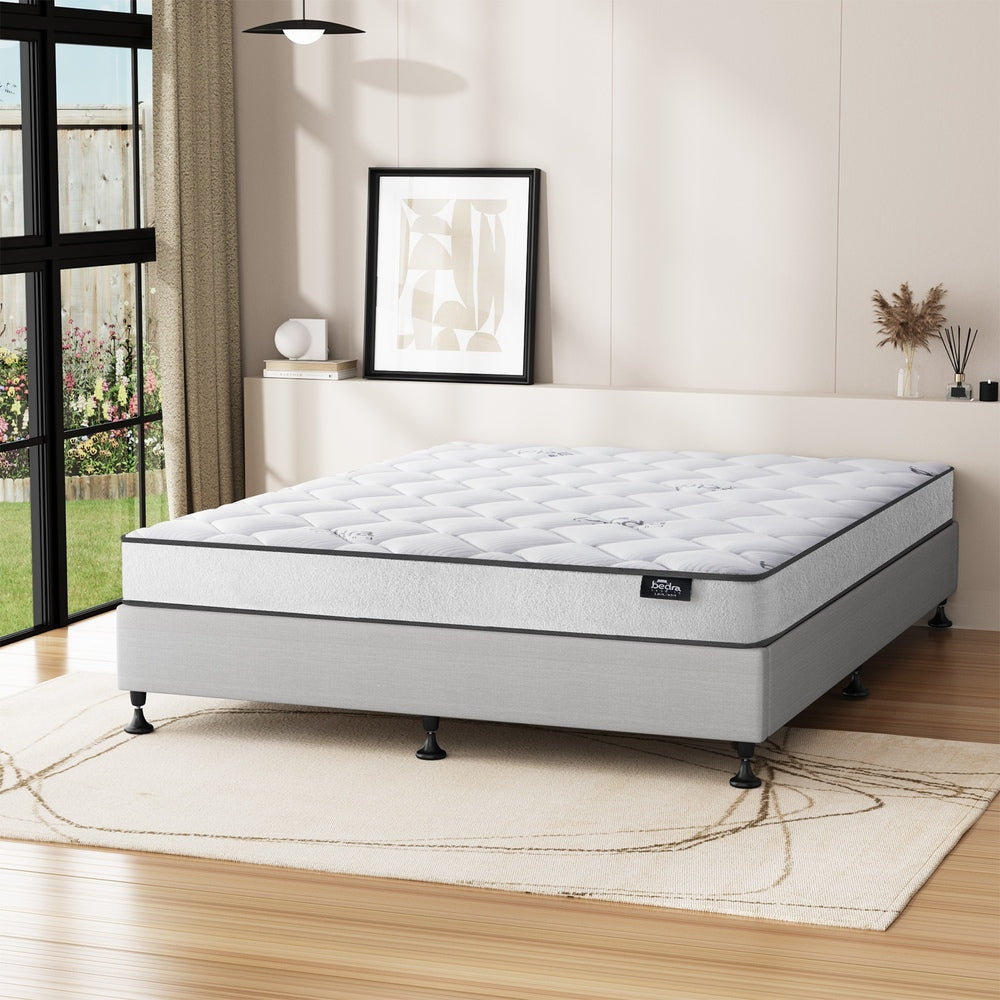 Queen Bed Frame Upholstered Platform With Mattress Medium Firm 6.0 Coil Wooden Beige